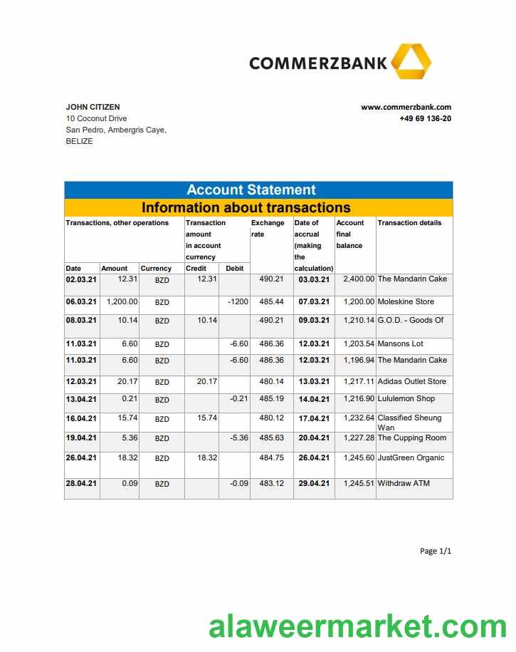 Belize Commerzbank bank statement easy to fill template in Excel and PDF format